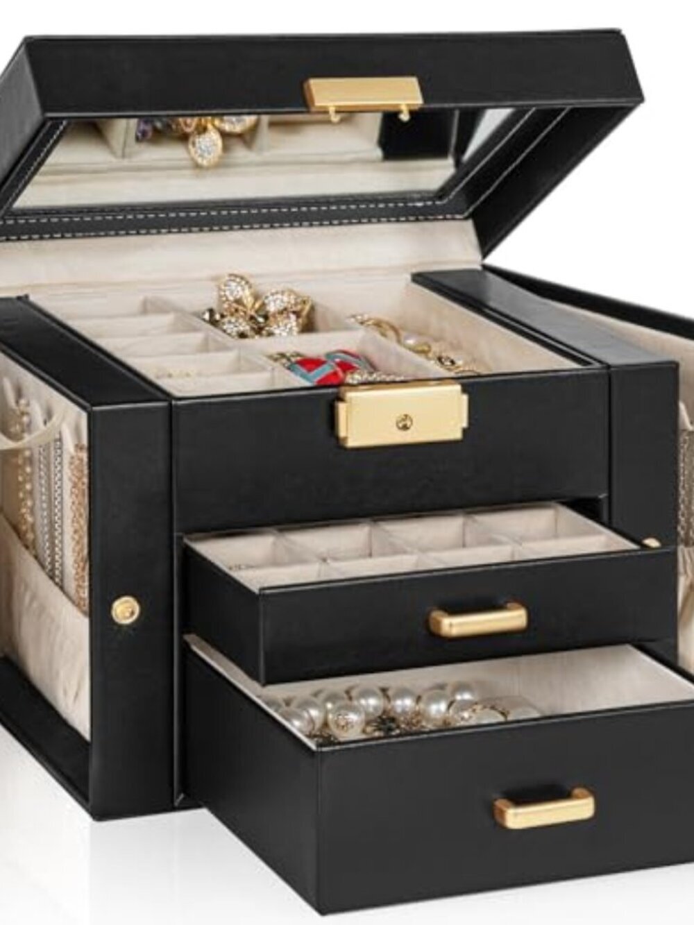 Jewelry Organizer with Mirror & Lock, 3-Tier Jewelry Storage